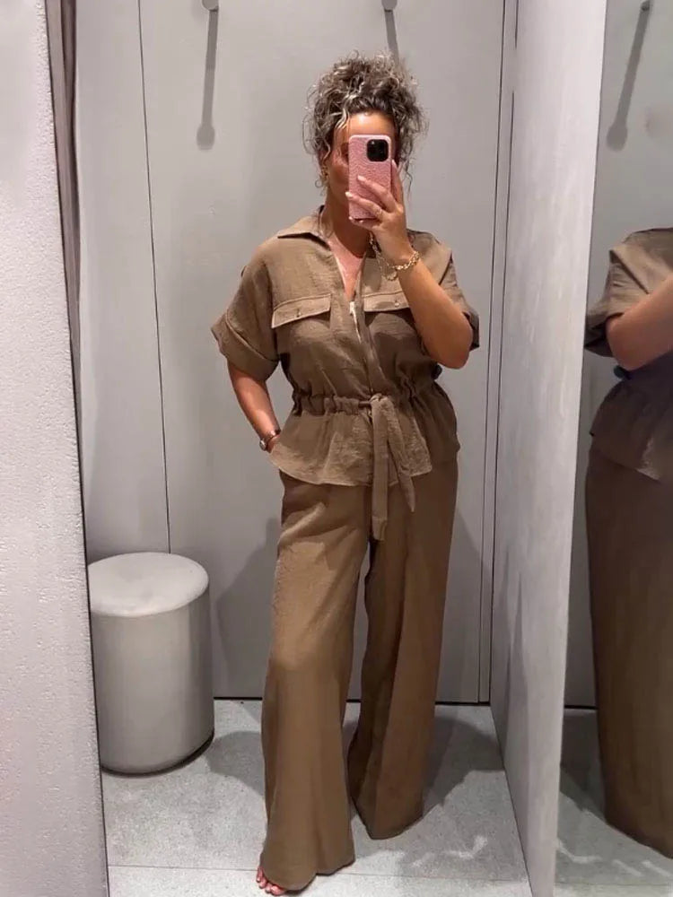 HH Women Pants Suit Solid Short Sleeve Zipper Pocket Drawstring Design Shirt Top+Elastic Waist Loose Casual Wide-leg Pants