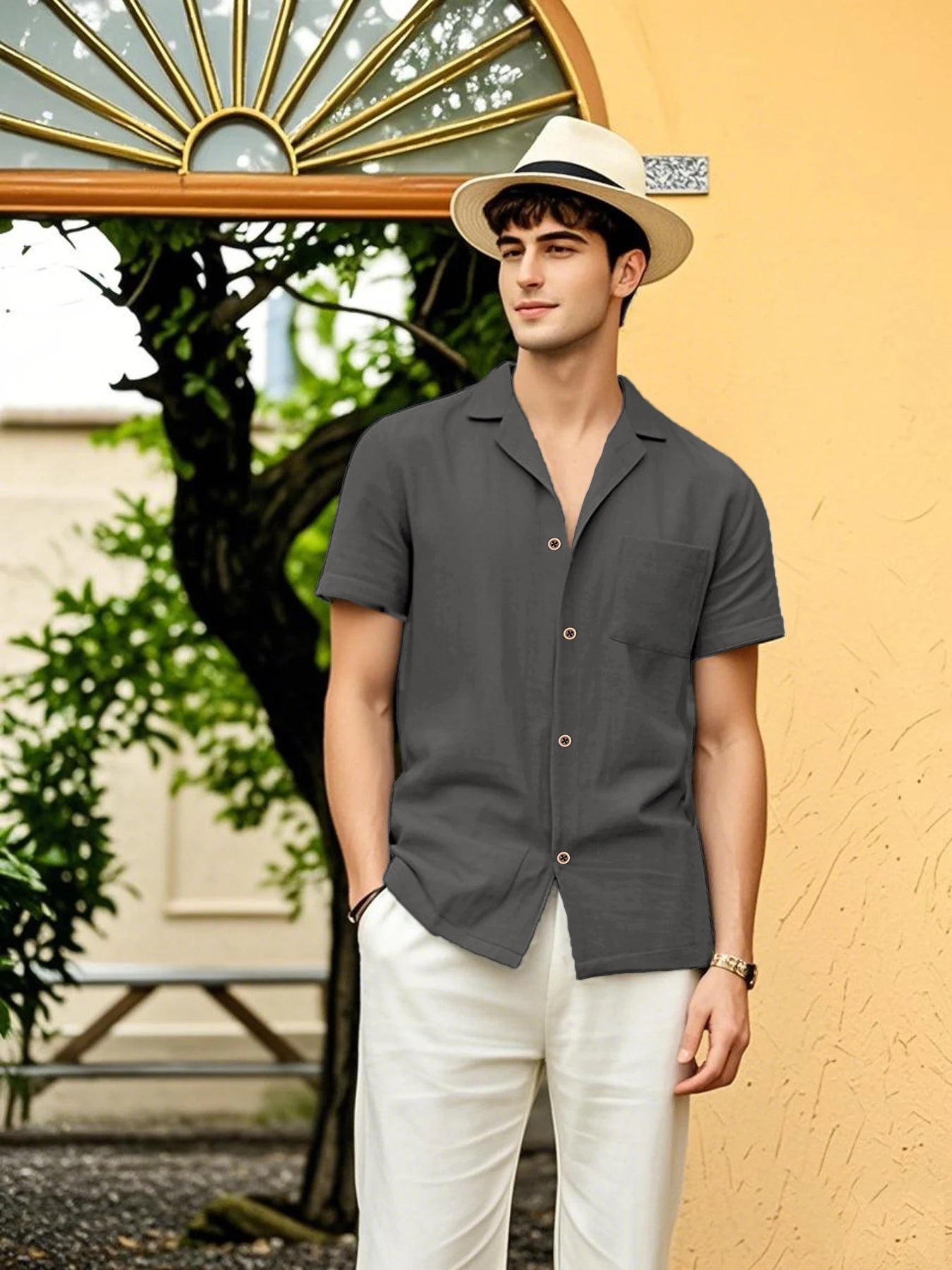 2025 Men's Short-Sleeved Shirts New Cotton Linen Hot Sale Summer Solid Color Turn-down collar Casual Beach Style Plus Size