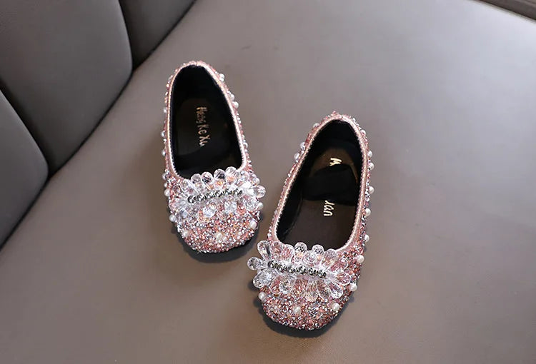 Kids Girl Shoes New Girls Princess Shoes Fashion Children Sequins Bling Bow Shoe Kid Rhinestone Non-slip Flat Shoe