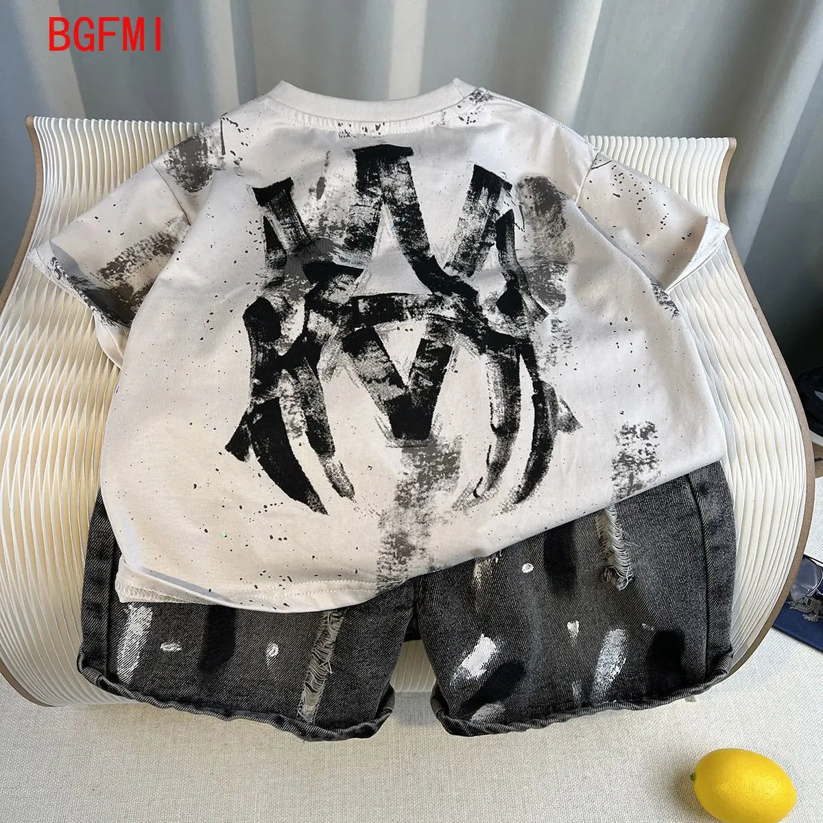 New Boys Fashion Summer Cotton Letter Printing T-shirts+Graffiti Denim Shorts 2pcs Set Kids Korean Outfits Sets Children Clothes