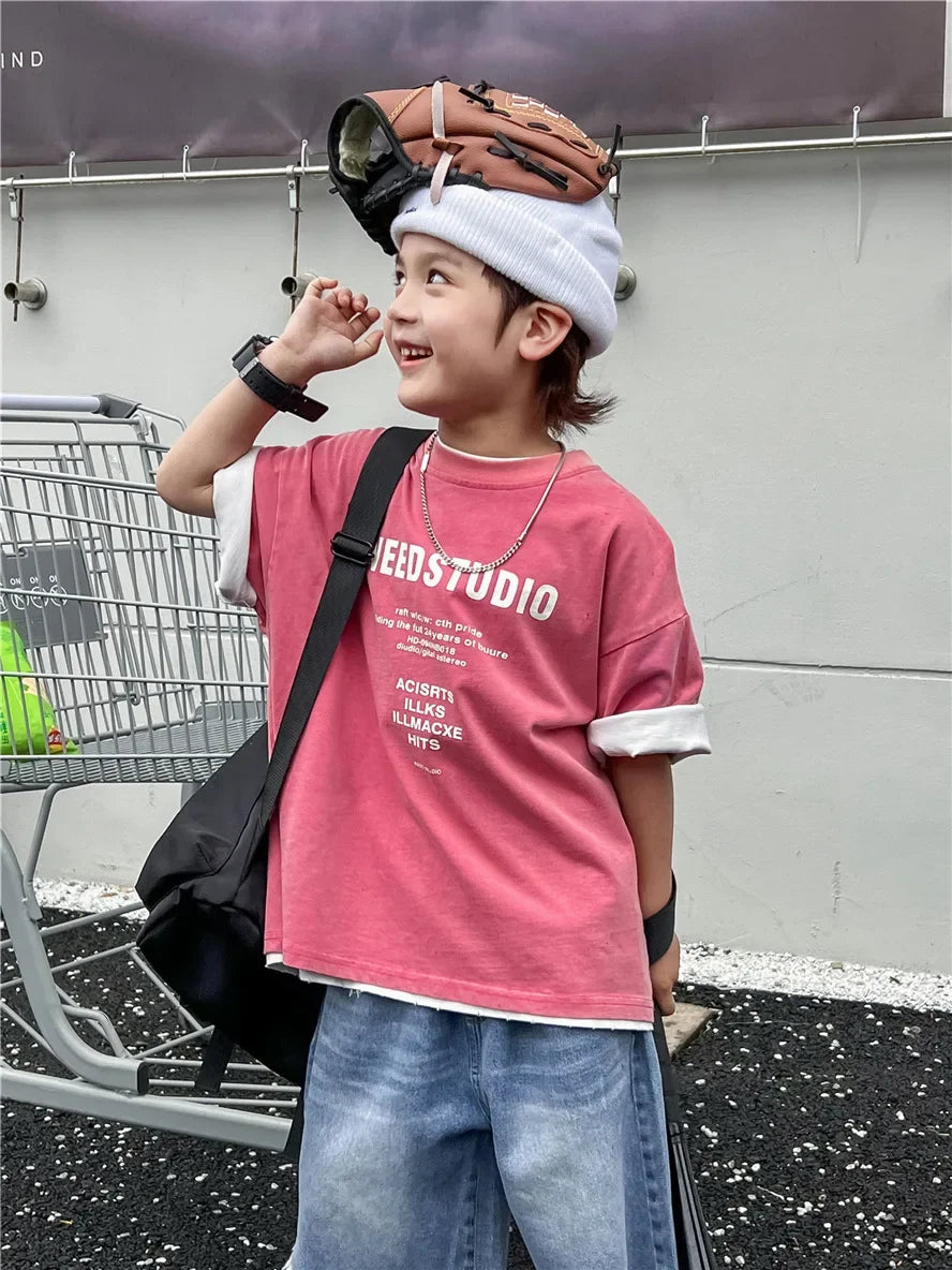 Pure Cotton Children's Short Sleeved Simple Trendy Letters Faded and Worn Half Sleeved T-shirts Boys Girls Stylish