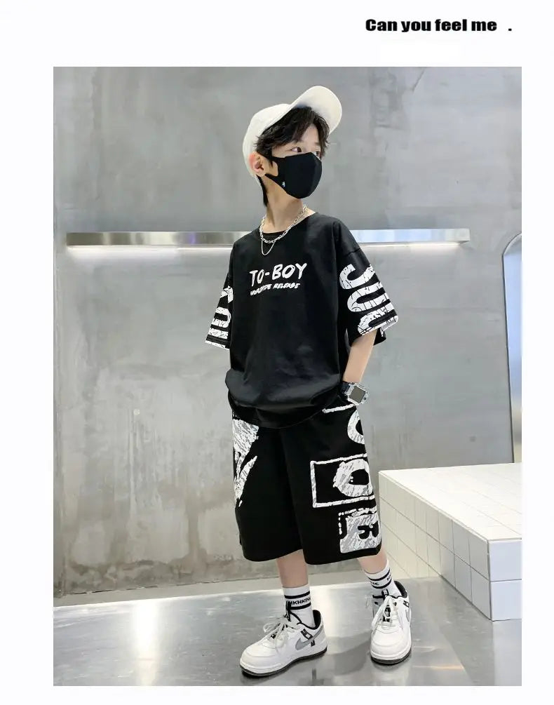 Boys Summer Trendy Casual Sports 2pcs T-shirts+Pants Suits 3-14 Years Teenage Boys Hip Hop Style Fashion Outfits Clothes Sets (Available)