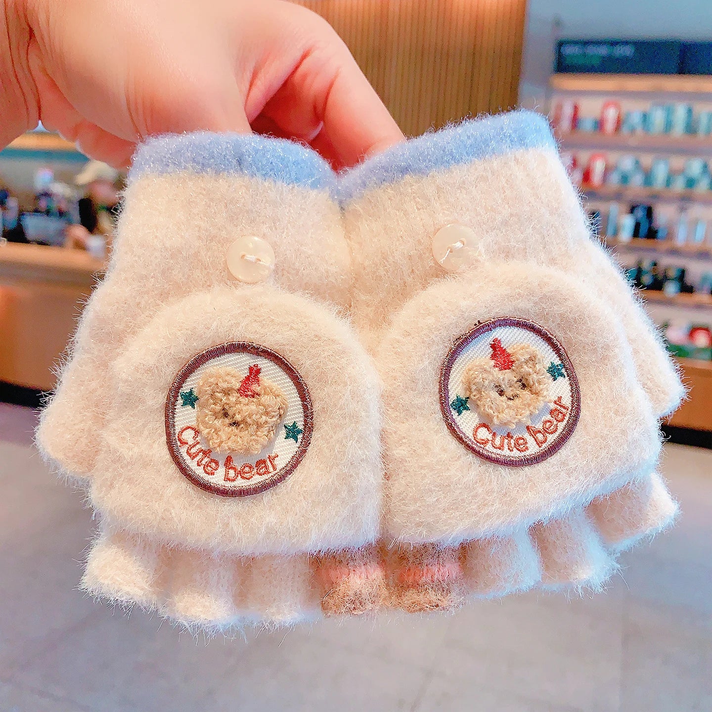 Winter Plush Knitted Cartoon Rabbit Flexible Flip-top Gloves Thicken Warm Cute Gloves For Baby Girls Half Finger Children Gloves