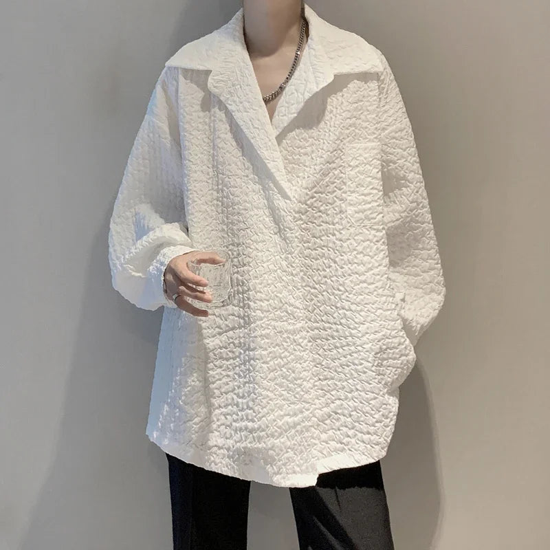 Men's White Textured Oversized Long Sleeve Shirt Loose Casual Wrinkle Fabric Button Down Blouse Fashion Streetwear Tops