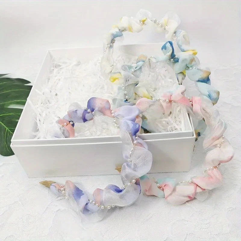 French Pearl Headband – Crinkled Fabric with Floral Print, Padded Volumizing Hairband for Women Headbands for Women