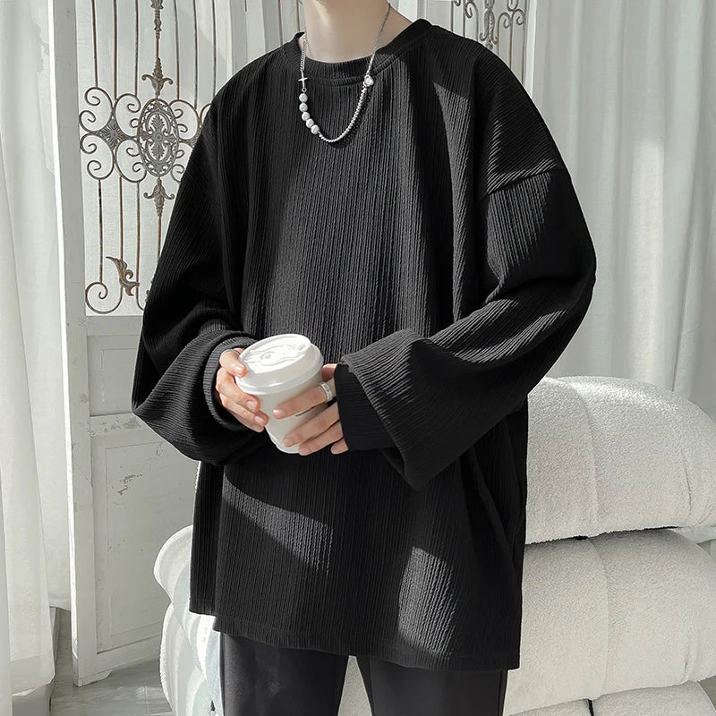 Men's Long Sleeve T-Shirt - Classic Versatile Spring/Autumn New Student Korean Style Loose  Drape Trendy Niche Solid Color Top