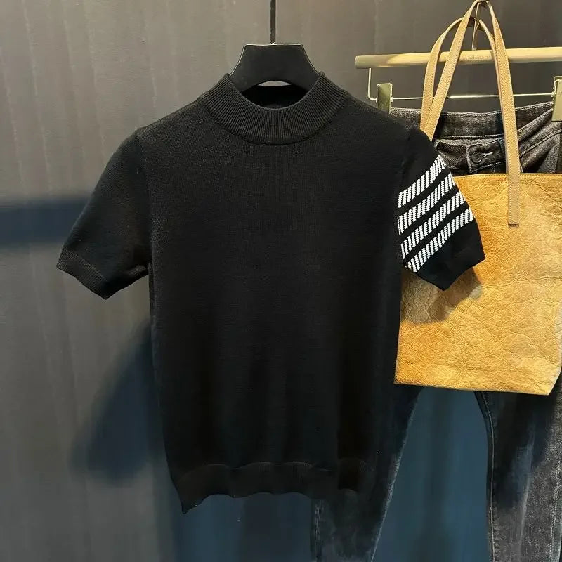 Men's Short-sleeved Sweater Slim and Simple Knitted Sweater Half Turtle Neck Jacquard Casual Thickened Base Shirt