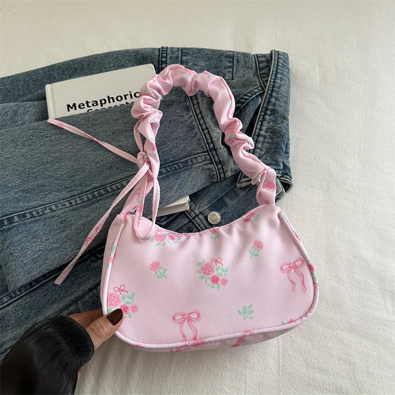 Women's Bags  Summer Nylon Pleated Handbags Armpit Bag Korean Floral Bow Printed Zipper Tote Bag Female Small Shoulder Bags