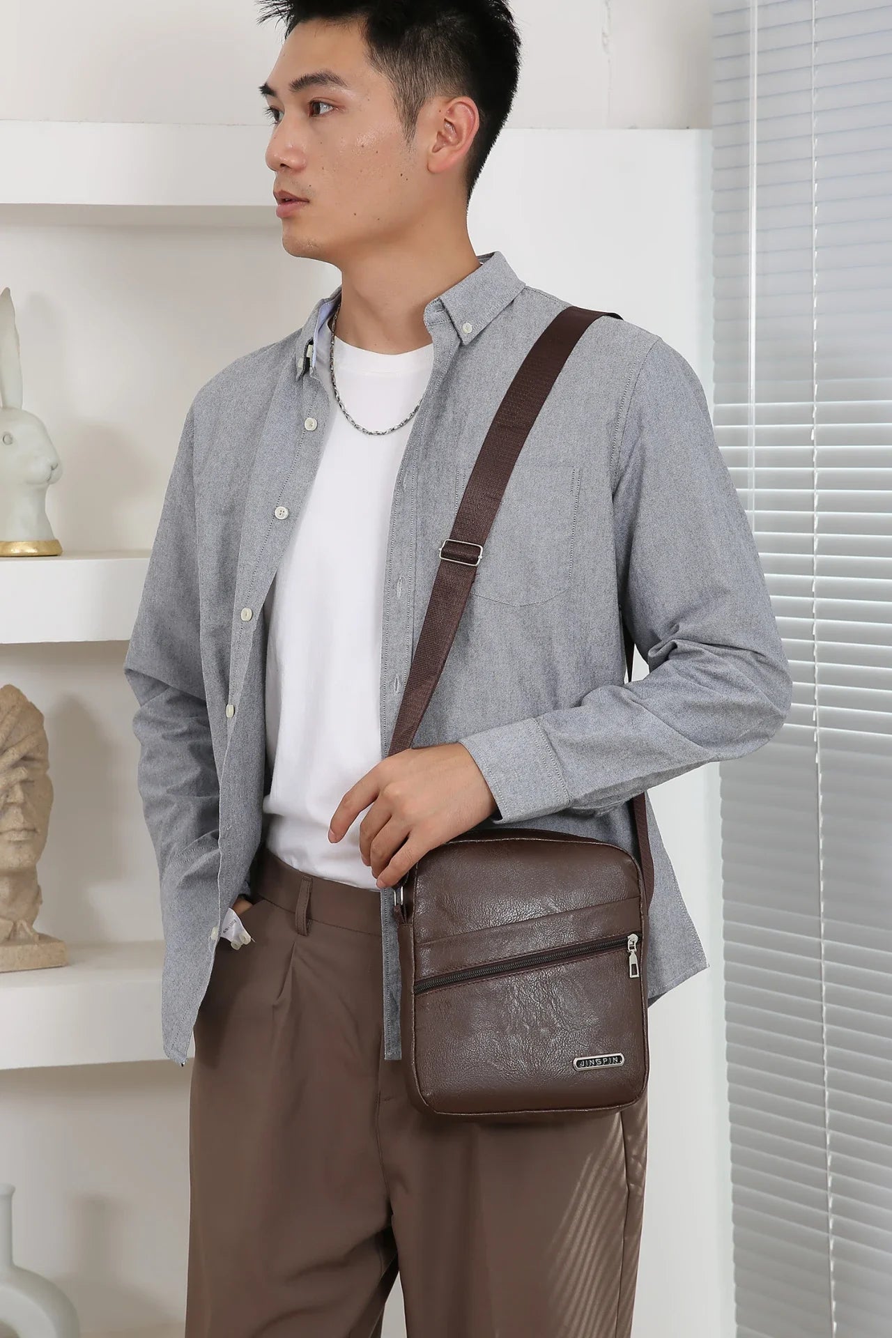 Men‘s PU Shoulder Bag Messenger Bag Casual Waterproof Nylon Zipper Pocket Handbag Fashion Tote Travel Male Crossbody Bags