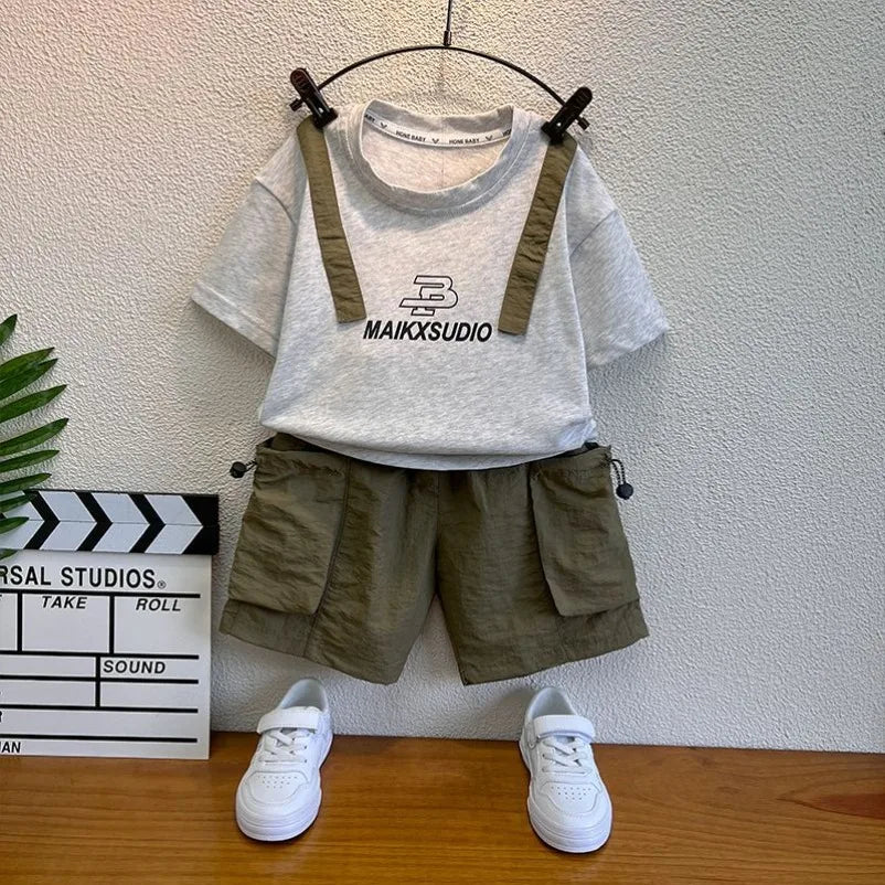New Boys Sleeveless Vest Denim Shorts 2PC Sets Outdoor Festival Clothing Vintage Print Kids Miracle Design 2-10 Years White Tops
