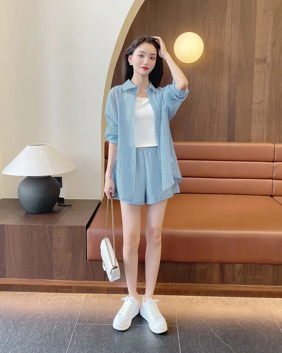 Spring and Summer Sun Protection Women's Set Stylish Loose Shirt Shorts High-end Elegant Women's Three Piece Set