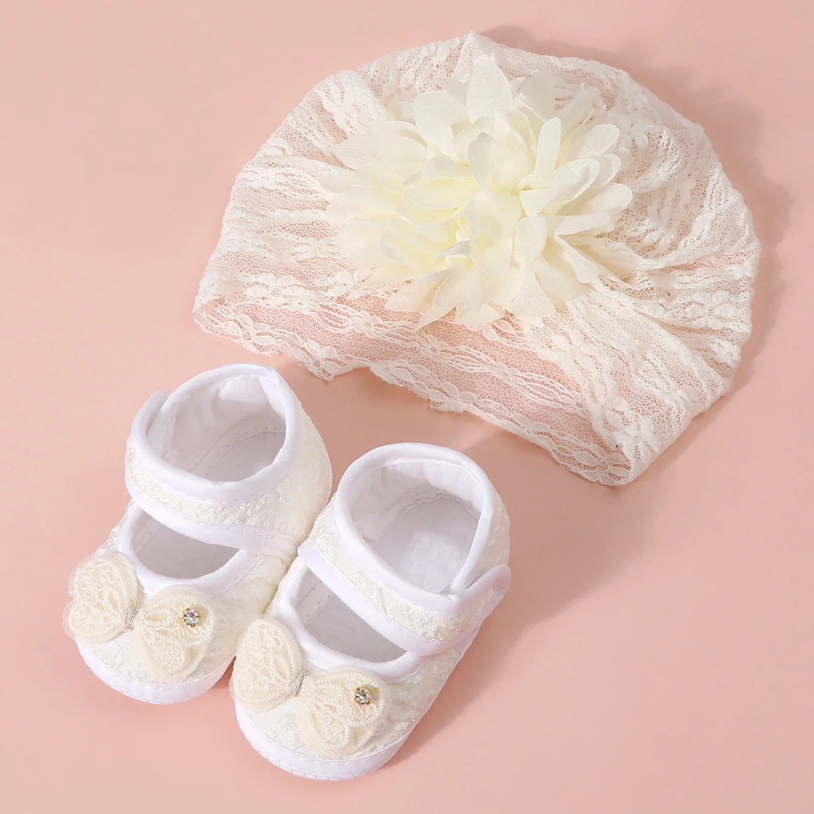 Baby Girls Princess Shoes and Turban Hat Set Bow Decor Lace Soft Non-slip Bottom First Walking Shoes