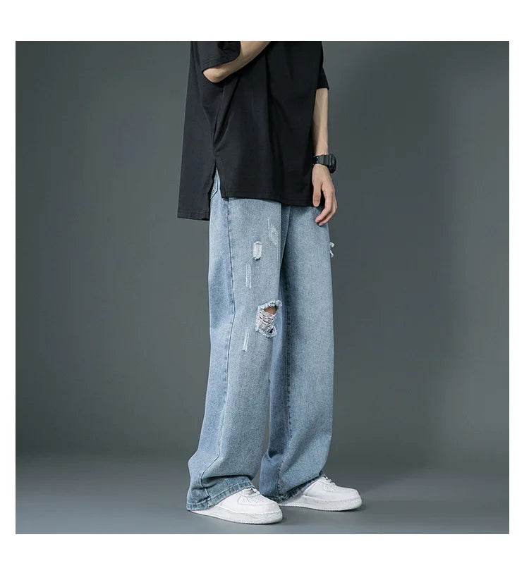 Ripped Jeans Men Ins Trendy Straight Leg Loose Wide Leg Pants High Waist Floor Mopping Denim Pants Versatile Casual Pants Men's