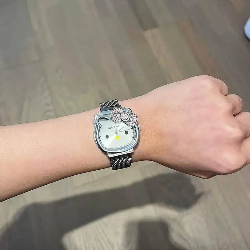 Hello Kitty Cartoon Watch Cute Student Fashion Watch Bow Decoration Quartz Wristwatch Girl Christmas Gift