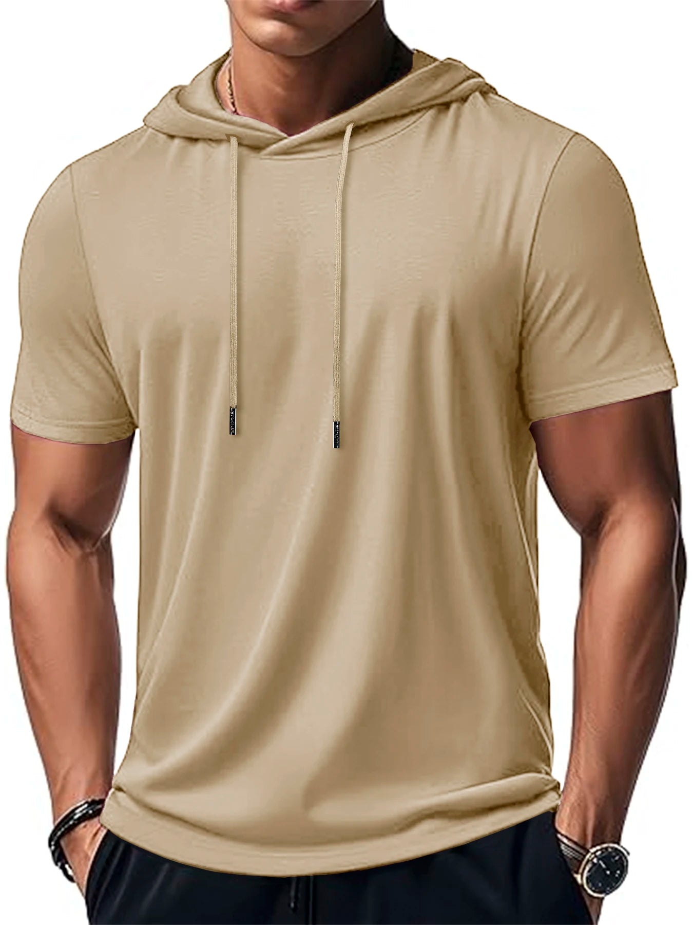 New Mens Short Sleeve Loose T-shirt Multi Solid Color Lightweight Hoodie Fitness Breathable Collar Tops Summer Hooded Sweatwear
