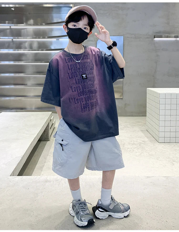 Summer Kids Outfit Sets for Boys Short Sleeve T-shirt Shorts 2PS Clothing Set Tweens Child Tracksuit Top and Bottom Clothes Set  (Available)