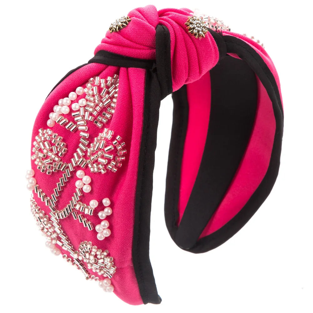 Fashion New Style Wide Brim Knotted Hairband Hand-Stitched Glass Flower Banquet