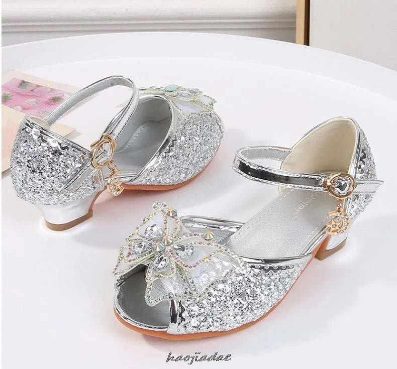 Summer High Heels Shoes for Girls Pageant Kids Sandals Child Mary Jane Shiny Princess Party Dress Up Shoes Purple Gold Pink Blue