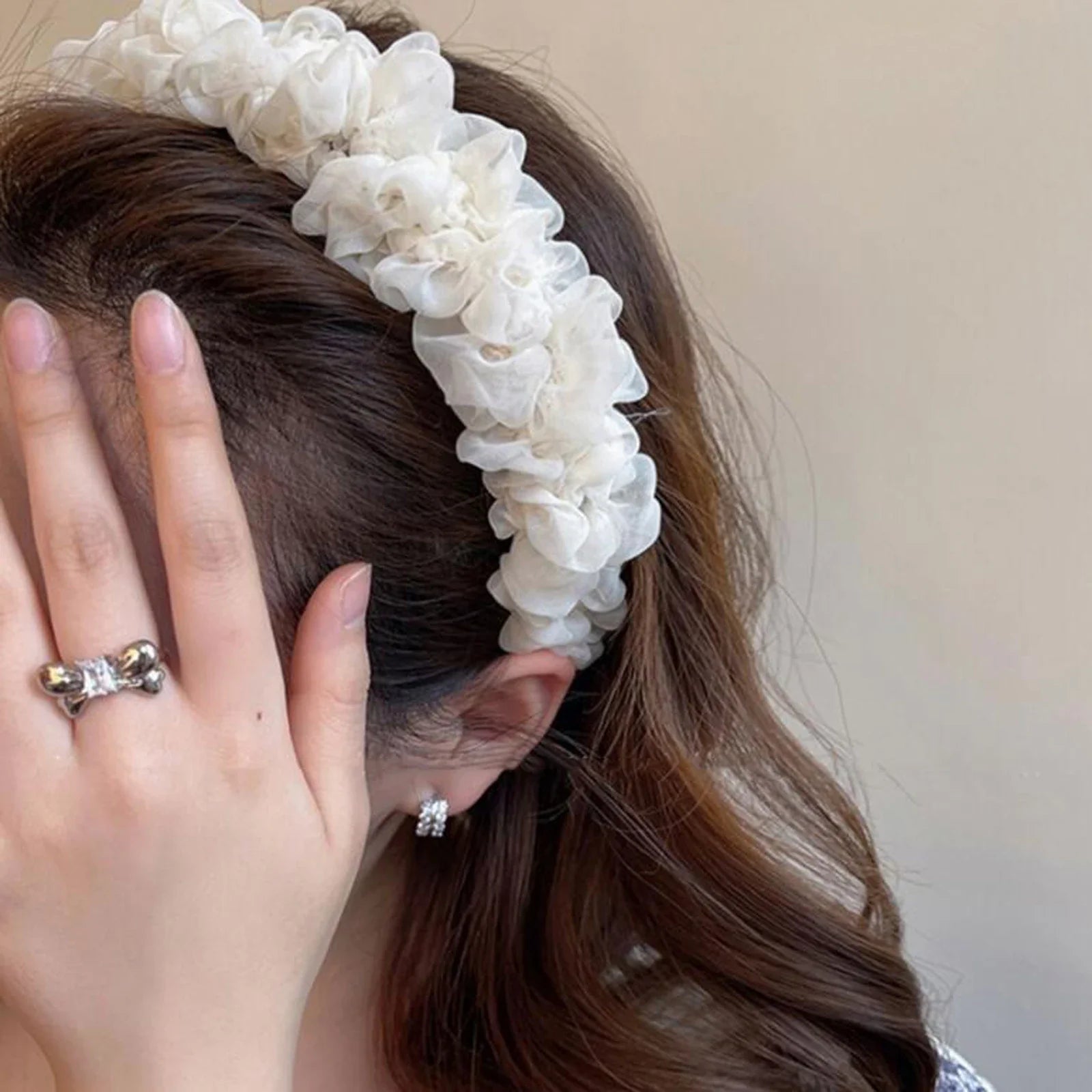 Fashion Women Headband Wide Side Mesh Flower Hairband Pleated Turban Casual Soft Headwear Hair Accessories