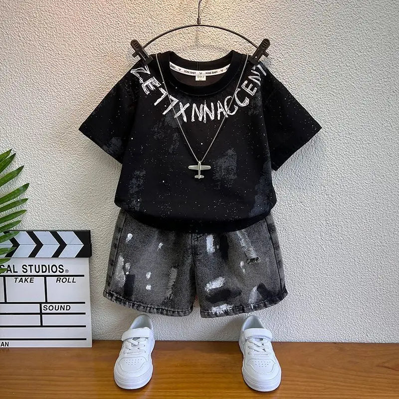 New Boys Sleeveless Vest Denim Shorts 2PC Sets Outdoor Festival Clothing Vintage Print Kids Miracle Design 2-10 Years White Tops