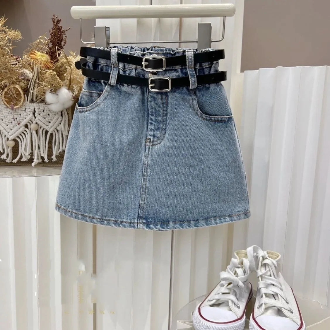Girl's Clothing Sets Fashion Ruffled Top Short Sleeved T-shirt+ Baby Kids Denim Half Skirt Two-piece Set with Belt Included