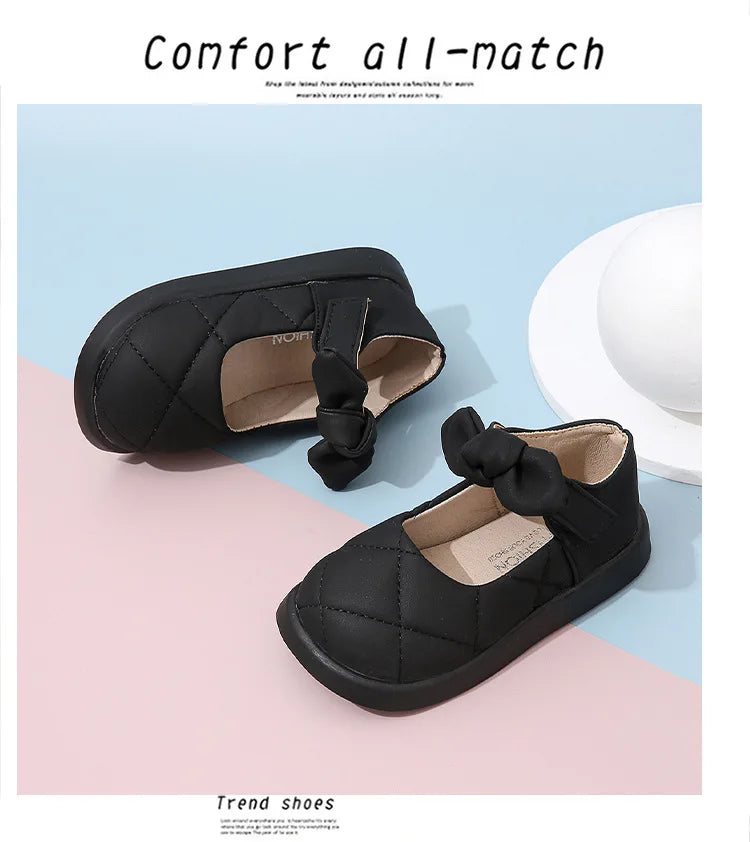 Children's Leather Shoes Non-slip Soft Bottom Kids Mary Jane Shoes Fashion Solid Color Bowknot Girls School Causal Single Shoes