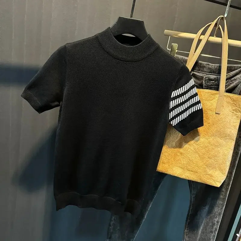 Men's Short-sleeved Sweater Slim and Simple Knitted Sweater Half Turtle Neck Jacquard Casual Thickened Base Shirt