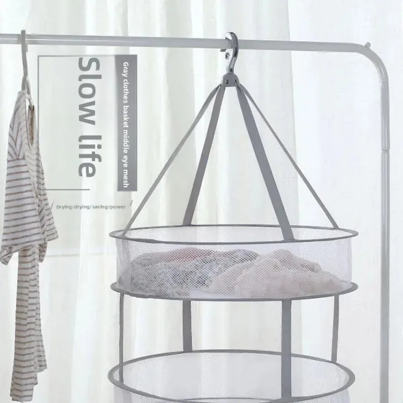 Foldable Hanging Dryer Basket - 1/2-Tier Mesh Drying Rack for Delicates, Baby Clothes & Towels, Space Saving Laundry Organizer