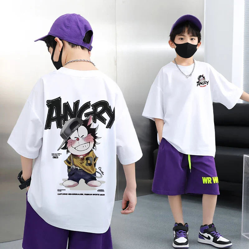 Summer 100% Cotton Boys Blue T-shirt Cool Graffiti Printed Girls Tees Short Sleeve Children Tops High Quality Kids Clothes