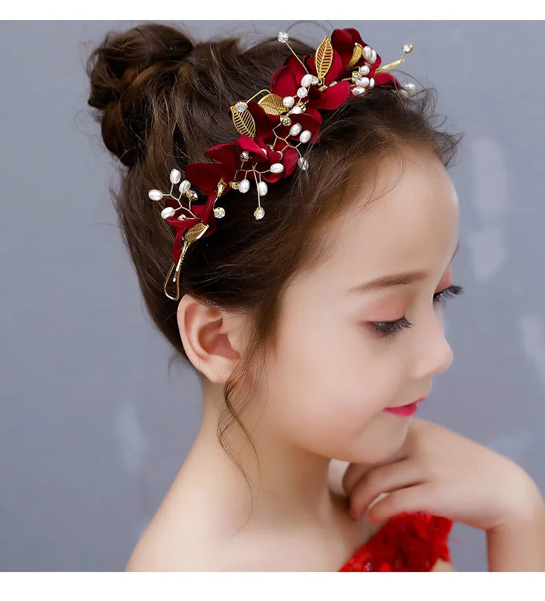 Red Ancient Chinese Style Headband Floral Hairpiece for Girls Princess Hanfu Accessories Traditional Festival Celebration Gift
