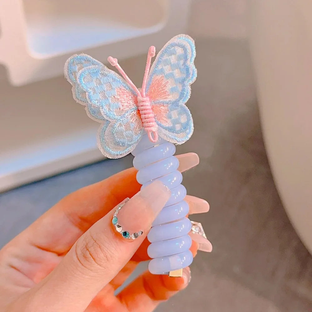 Cute Elastic Telephone Wire Line DIY Butterfly Hair Bundle Phone Cord Ponytail Holder Girls
