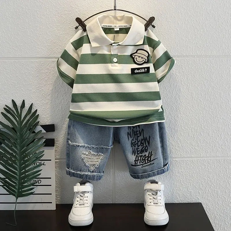 Boys 2025 Summer Outfit T-Shirt and Jeans Korean Polo Fashion 2PCS Casual Clothing Korean Reviews Top Toddler Kids Clothes Sets (Available )