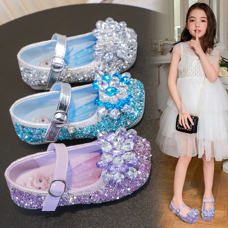 Disney Cartoon Pattern Elsa Princess Crystal Shoes for Girls Fashion New Style Baby Girl Low Heels Sandals Summer Fall Children