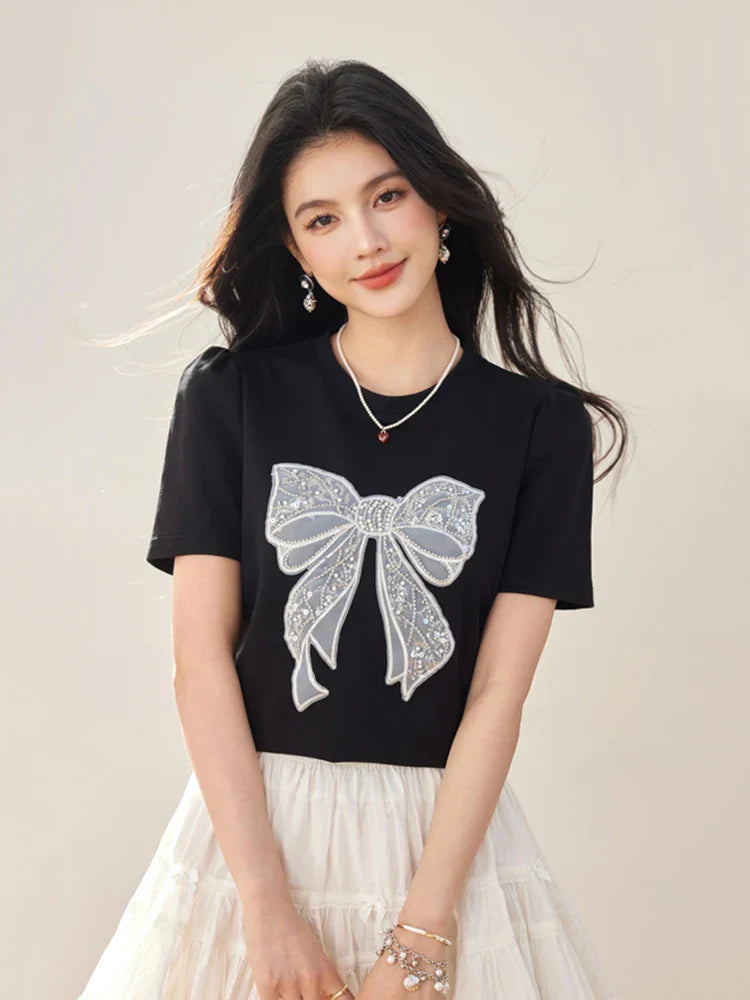 Summer New Sweet Short Sleeved T-shirt Women Fashion Bow Tops Harajuku Casual Simple T-shirt Y2k Top
