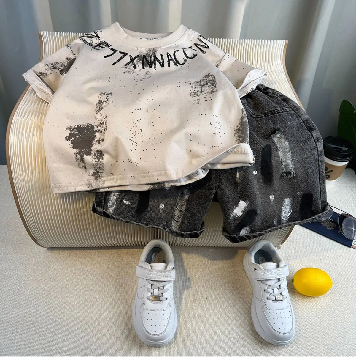 New Boys Fashion Summer Cotton Letter Printing T-shirts+Graffiti Denim Shorts 2pcs Set Kids Korean Outfits Sets Children Clothes