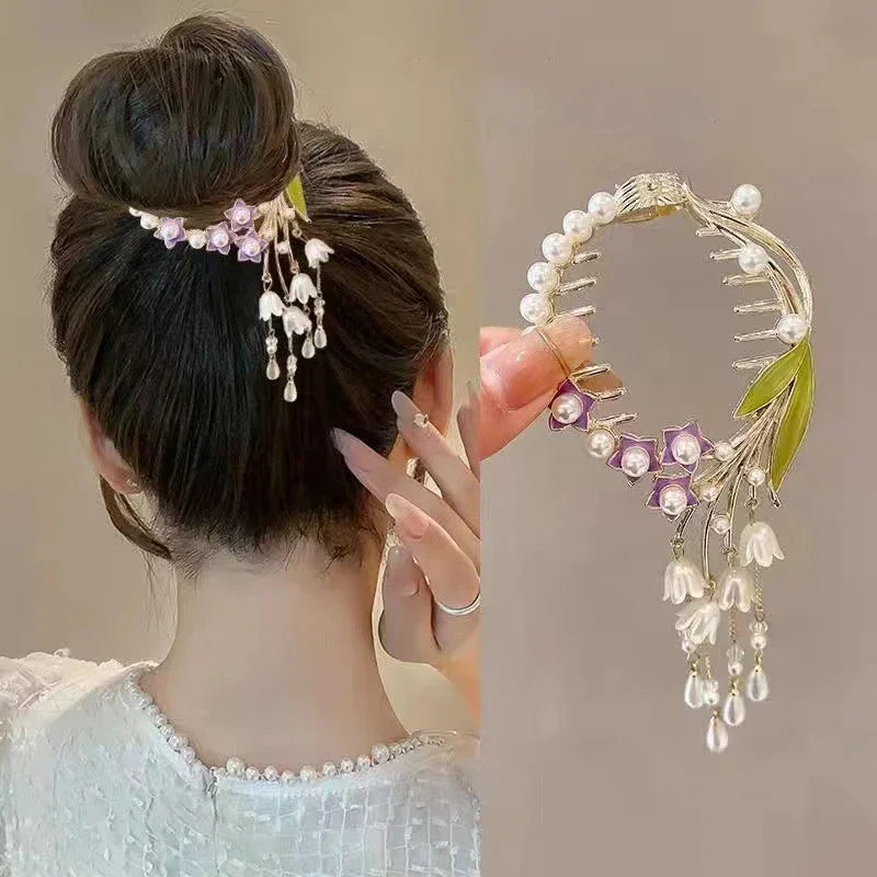 Ladies Butterfly Rhinestone Pearl Metal Hair Claw Round Bun Ponytail Holder
