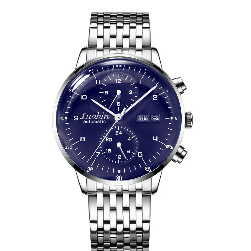 Mens Business Watch Mechanical Movement Multifunction Chronograph Stainless Steel Waterproof Automatic Calendar Sapphire