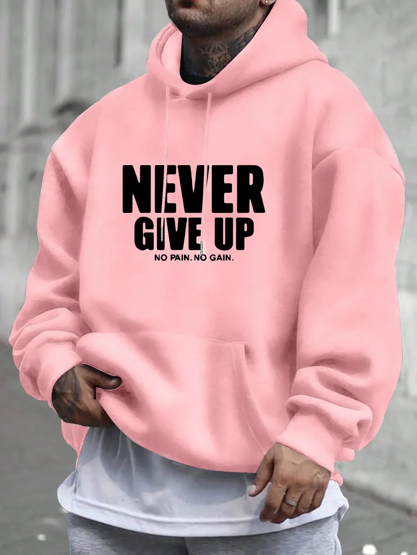 Men'S Hoodie Never Give Up Print Casual Fleece-Lined Pullover Kangaroo Pocket Stylish Streetwear Fall Casual Wear Hoodie