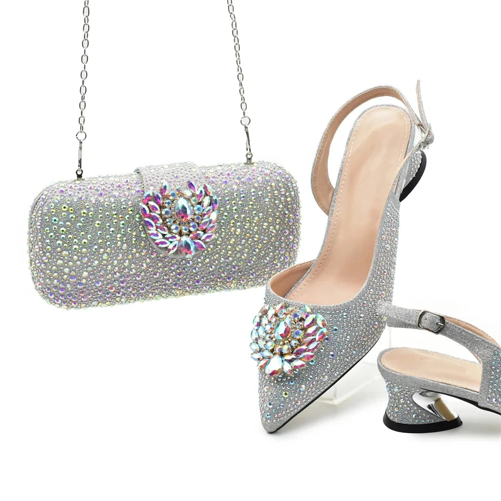 Luxury Designer Pumps Women Full Rhinestone Designer Shoe and Bag Sets From Italy