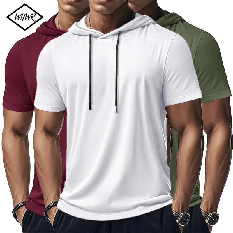 New Mens Short Sleeve Loose T-shirt Multi Solid Color Lightweight Hoodie Fitness Breathable Collar Tops Summer Hooded Sweatwear