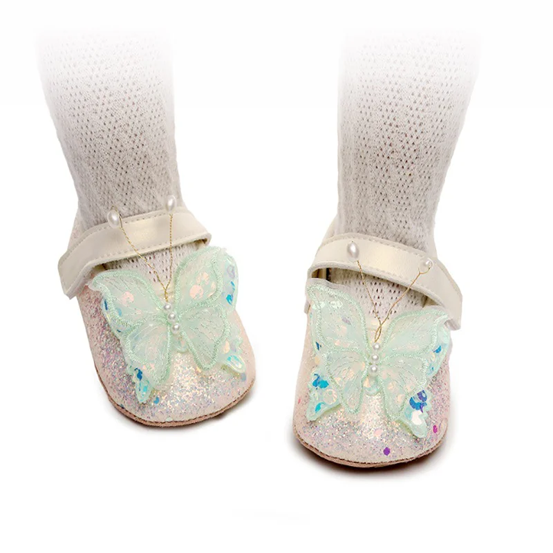 Shiny 3D Butterfly Princess Dress Shoes for Baby Girl Glitters Flats Non-Slip Crib Shoes Walking Shoes for Toddlers Infants