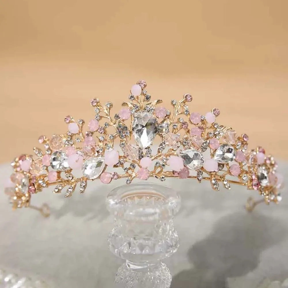 Ancient Vintage Pink Floral Crown Elegant Shiny Crown Hair Accessory Headwear Alloy Princess Rhinestone Tiara Photography Props