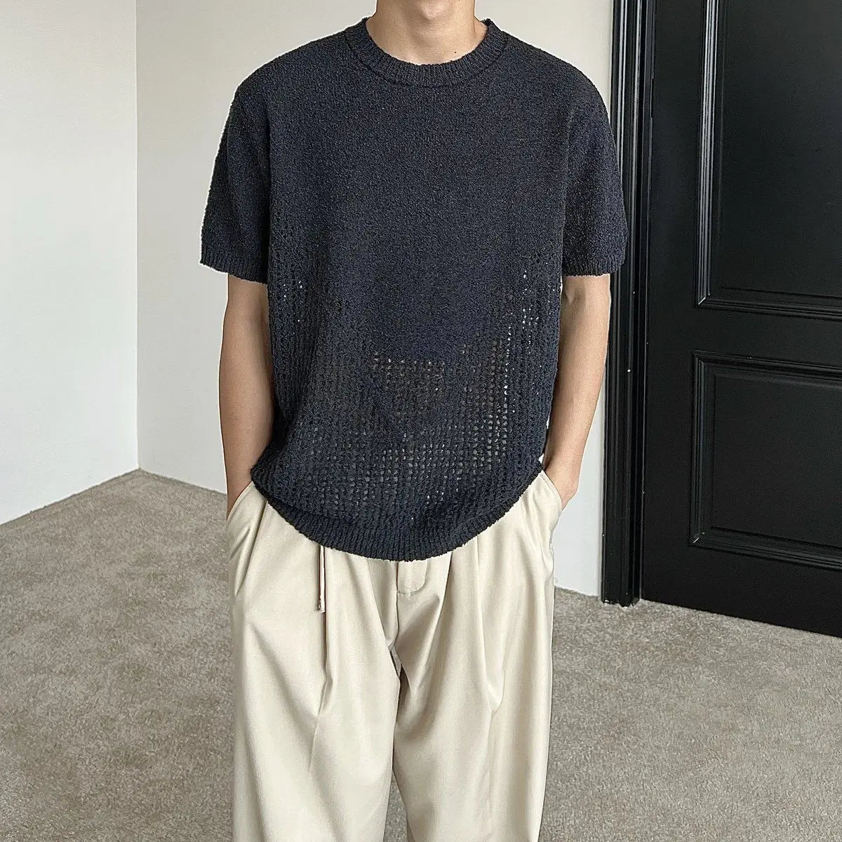 Hollow out short sleeved sweater for men and women, spring and summer new style loose and versatile knitted cardigan top