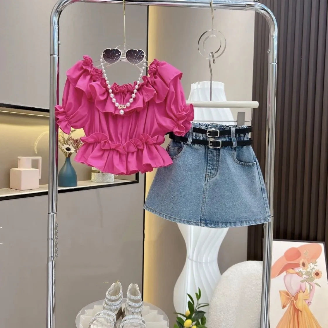 Girl's Clothing Sets Fashion Ruffled Top Short Sleeved T-shirt+ Baby Kids Denim Half Skirt Two-piece Set with Belt Included