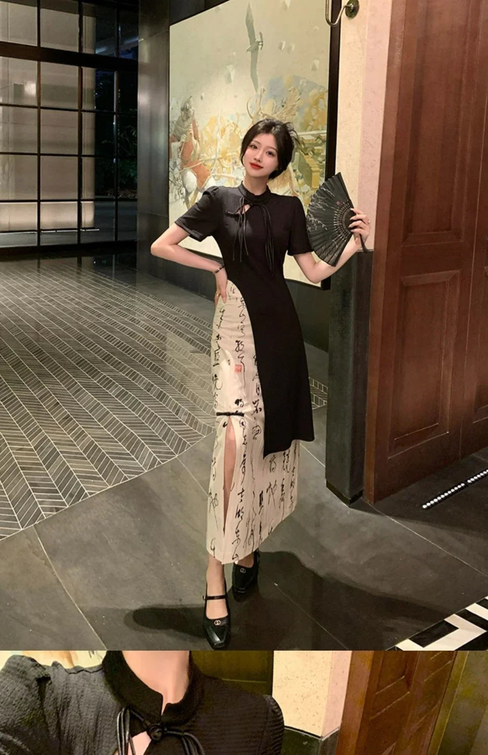 New Chinese Style High Grade Irregular Calligraphy Half Body Dress Fashion Qipao Two Piece Set Skirt Women's Summer Hanfu Suit