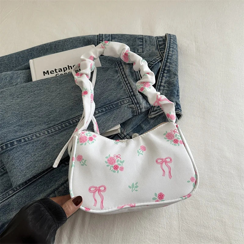 Women's Bags  Summer Nylon Pleated Handbags Armpit Bag Korean Floral Bow Printed Zipper Tote Bag Female Small Shoulder Bags