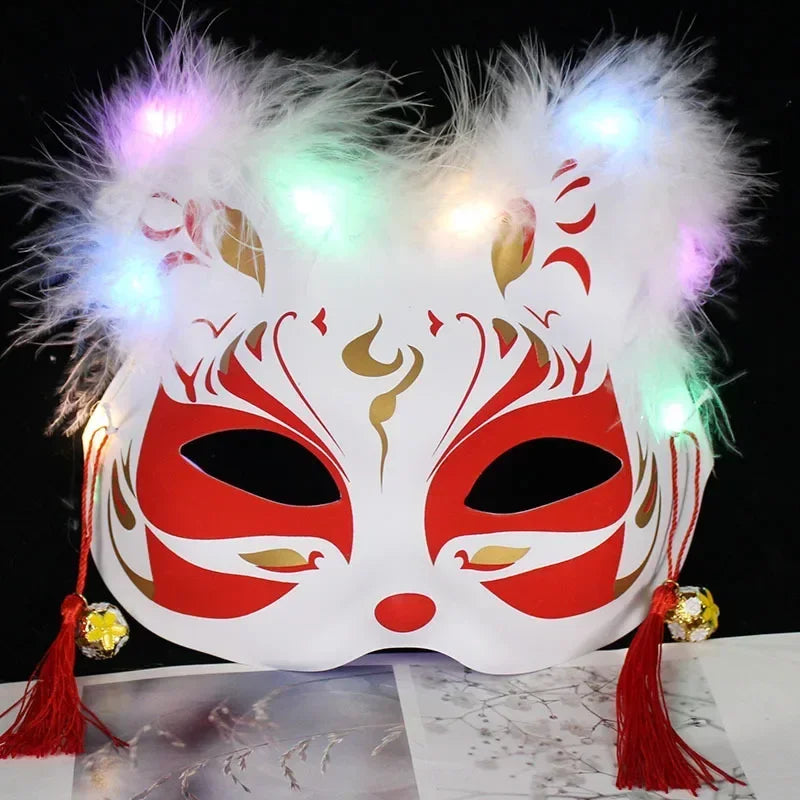Luminous Feather Fox Mask Half Face Cat Anime Fox Mask Children Luminous Mask Eye Mask Makeup Party Role Play Props