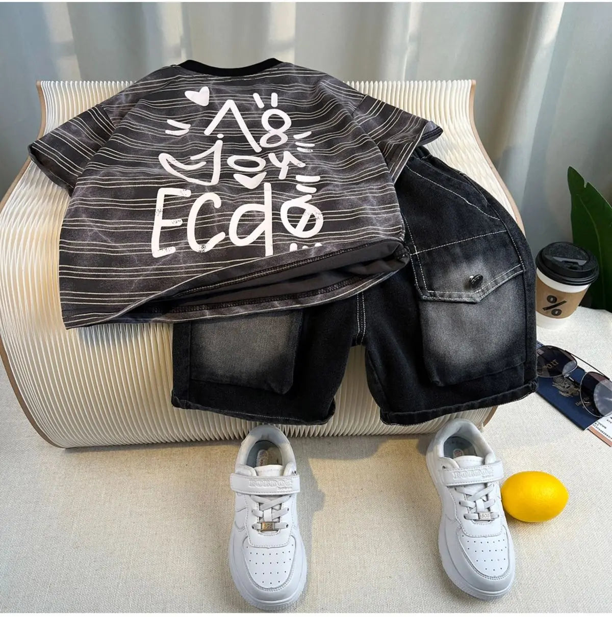 New Boys Fashion Summer Cotton Letter Printing T-shirts+Graffiti Denim Shorts 2pcs Set Kids Korean Outfits Sets Children Clothes