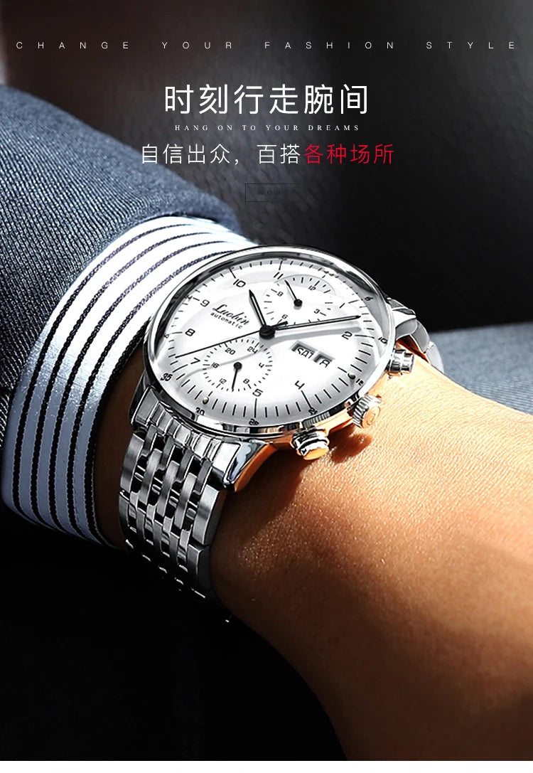 Mens Business Watch Mechanical Movement Multifunction Chronograph Stainless Steel Waterproof Automatic Calendar Sapphire