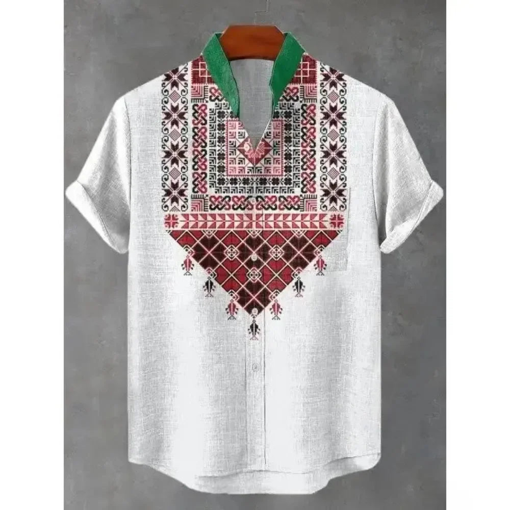 Men's summer shirt, fashionable stand up collar short sleeved cardigan, ethnic tribal printed pocket, linen breathable men's top   (Available)